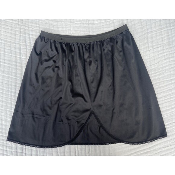 Vintage Vanity Fair Satin Mini Skirt Half Slip Women Large Black Nylon Lace Trim - Picture 5 of 11